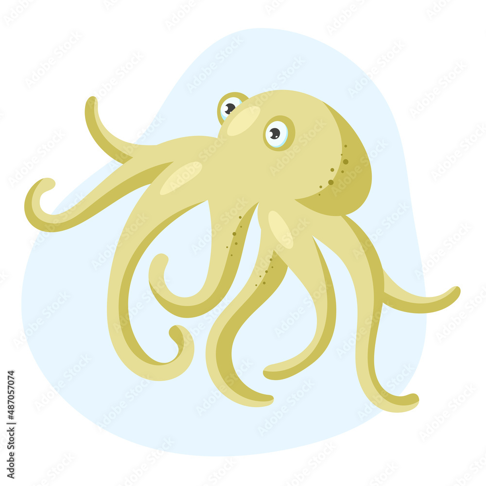 Cute yellow octopus on a blue background. Flat cartoon vector illustration. Cute yellow octopus on a blue background. Flat cartoon vector illustration.