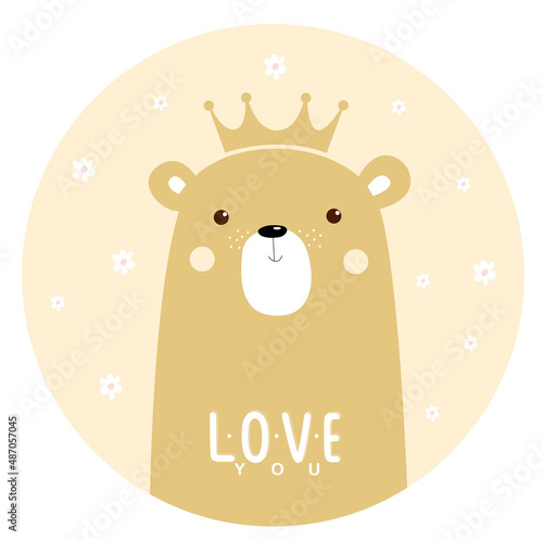 Print. Illustration with a cute cartoon teddy bear in a crown. Golden bear. Illustration for the girl. Beige background.