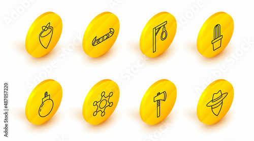 Set line Cowboy, Tomahawk axe, Hexagram sheriff, Bomb ready to explode, Cactus peyote in pot, Gallows, Kayak or canoe and paddle and bandana icon. Vector