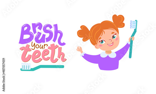 Girl with a toothbrush. Inscription - brush your teeth, vector illustration..Dental health and mouth hygiene concept typography poster design.