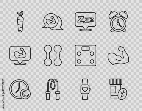 Set line Time to sleep, Vitamin pill, Sleepy, Jump rope, Carrot, Dumbbell, Smart watch and Bodybuilder muscle icon. Vector