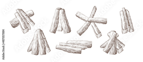 Firewood set Timber pile for bonfire Vector sketch