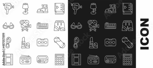 Set line Calculator, Skateboard trick, Short pants, Sport sneakers, Retro cinema camera, Glasses, and Music synthesizer icon. Vector