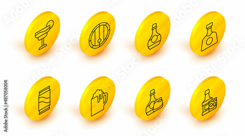 Set line Whiskey bottle and glass, Wooden beer mug, Beer can, Tequila, Bottle of cognac or brandy, barrel and Cocktail icon. Vector