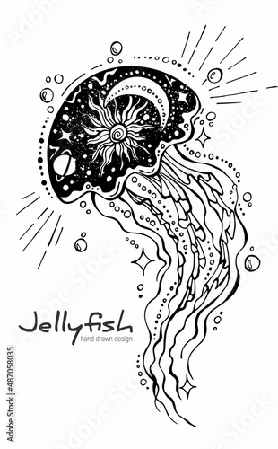 jellyfish with a planet inside. Moon, stars and sun. Abstract freehand drawing