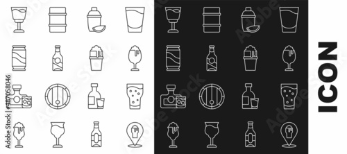 Set line Alcohol or beer bar location, Glass of, Cocktail shaker with lime, Beer bottle, can, Wine glass and icon. Vector