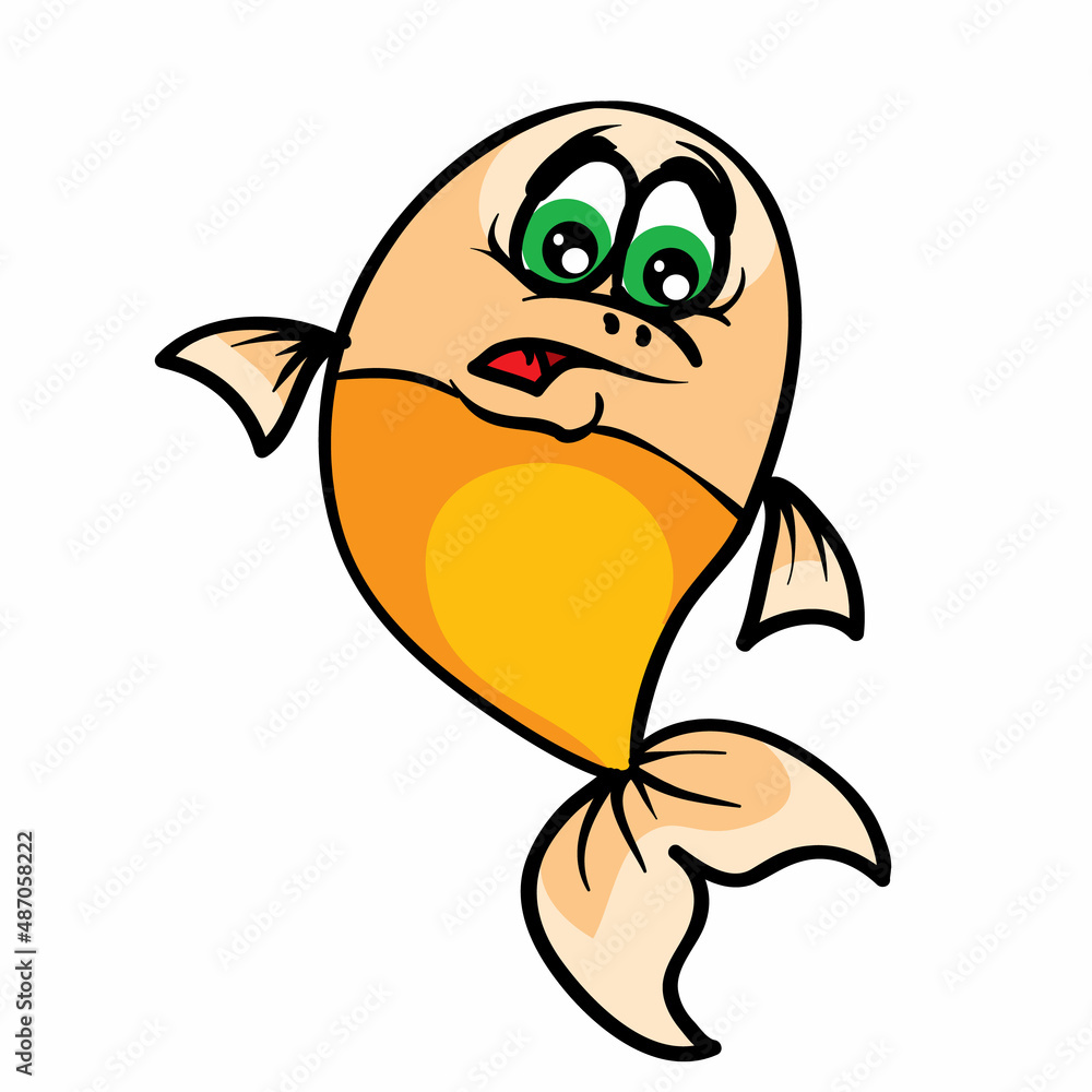 cute character of funny scared goldfish, cartoon illustration, isolated object on white background, vector, cute character of funny scared goldfish, cartoon illustration, isolated object on white background, vector,