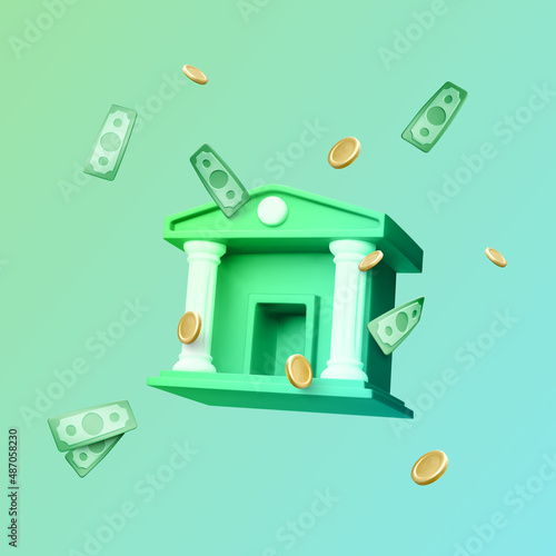 Bank building with falling gold coin and paper currency in realistic cartoon style