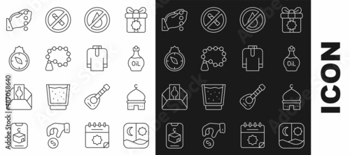 Set line Ramadan fasting, Muslim Mosque, Essential oil bottle, No water, Rosary beads religion, Qibla, Hands praying position and Shirt kurta icon. Vector
