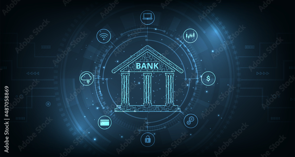 Online banking technology concept.Isometric illustration of bank on electric circuit lines background.Digital connect system.Financial technology concept.Vector illustration.EPS 10.  - obrazy, fototapety, plakaty 