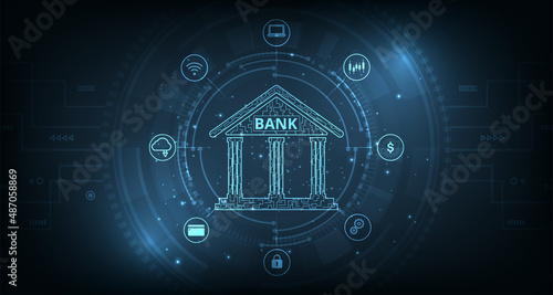 Online banking technology concept.Isometric illustration of bank on electric circuit lines background.Digital connect system.Financial technology concept.Vector illustration.EPS 10.  photo