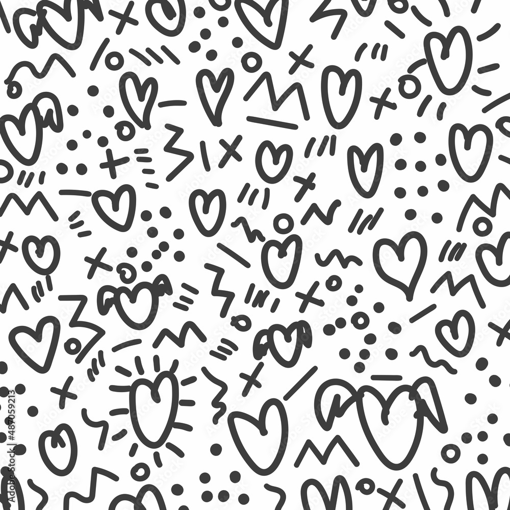 Love doodle background with hearts. Vector hand drawn grunge background