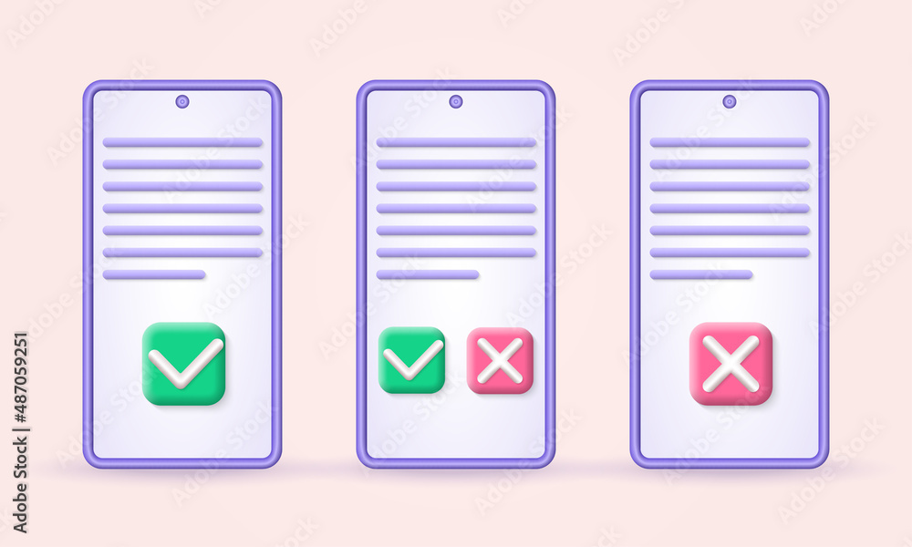 3d phone icon set. Online agreement, document or contract on the smartphone screen with check or tick marks and cross symbols, yes or no buttons. Vector illustration. 3d phone icon set. Online agreement, document or contract on the smartphone screen with check or tick marks and cross symbols, yes or no buttons. Vector illustration.