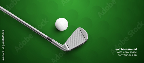 Golf club and ball with shadows on green background