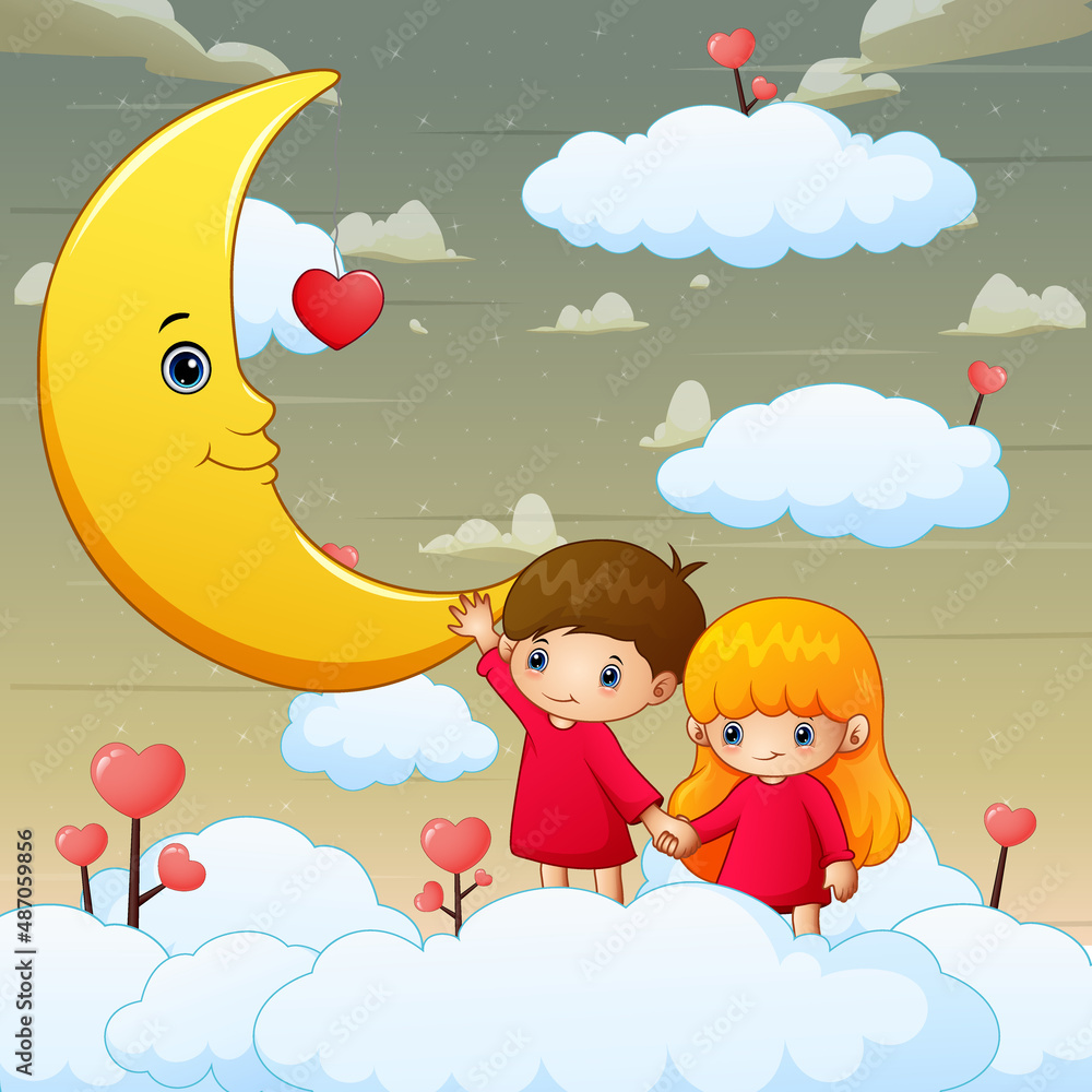 Cute little boy and girl holding a moon in the sky