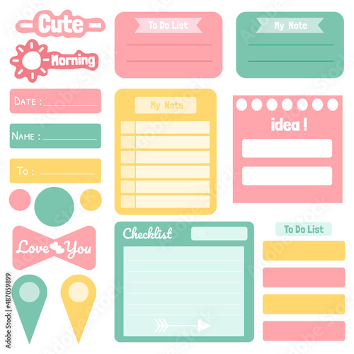 Cute paper notes. Stationary set. Scrapbook notes and cards.Printable planner stickers. To Do List note. Template for your message. Decorative planning element. Vector illustration.