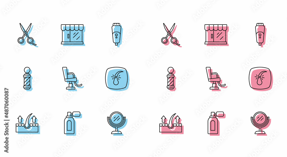 Set line Human hair follicle, Aftershave with atomizer, Scissors hairdresser, Hand mirror, Barbershop chair, Broken, Classic pole and building icon. Vector Set line Human hair follicle, Aftershave with atomizer, Scissors hairdresser, Hand mirror, Barbershop chair, Broken, Classic pole and building icon. Vector
