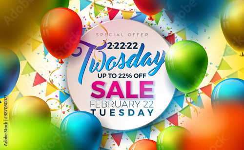 2022 2 22 Twosday Sale Illustration with Tuesday 2 22 22 Letter, Balloon and Colorful Party Flag on Shiny Confetti Background Background. Vector 22 February 2022 Special Offer Day Theme Design for