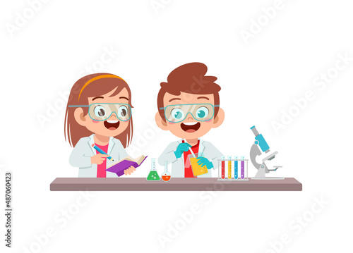 cute little kid boy and girl do research in the lab