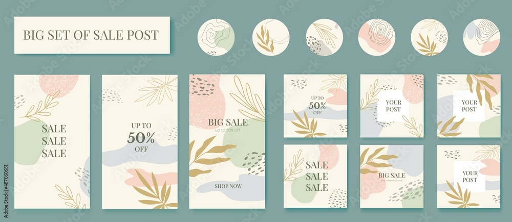 Big Set of Sale Post Social Media pack Template premium vector, organic design in pastel colors. Stylish posts, story and Highlights. Editable templates with space for text. Vector Illustration