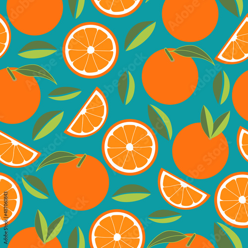 Oranges seamless pattern with teal background