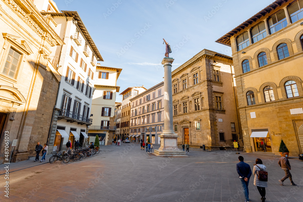 Morning view on Piazza Santa Trinita, triangular square, in Florence city. Travel italian cities of Tuscany. Italian Renaissance architecture