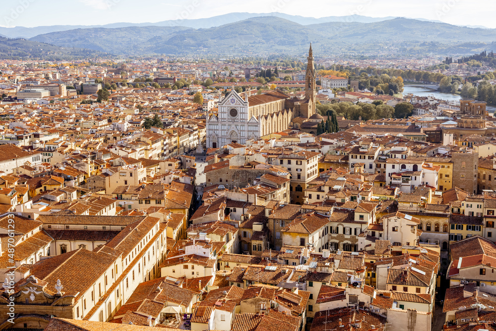 Aerial cityscape of Florence city on a sunny day. Visiting italian cities in Tuscany. View from Vecchio palace