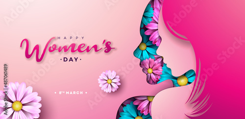 8 March. Happy Women's Day Floral Illustration. International Womens Day Vector Design with Spring Colorful Flower and Young Woman Face Silhouette on Pink Background. Women or Mother Day Theme