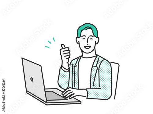 PCを操作している明るい表情の若い男性のイメージイラスト素材