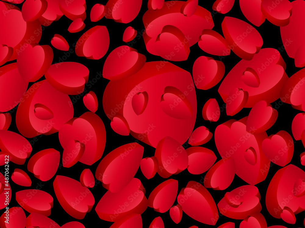 Happy Valentine's Day background with 3d hearts. Seamless pattern with isometric hearts with red color gradient. Design for greeting card, holiday background, banner. Vector illustration Happy Valentine's Day background with 3d hearts. Seamless pattern with isometric hearts with red color gradient. Design for greeting card, holiday background, banner. Vector illustration