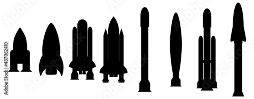 Black spaceships on a white background. Silhouettes of heavy rocket and space shuttles. Two-stage rocket launch vehicle. Rocket design for posters, banners and promotional items. Vector illustration