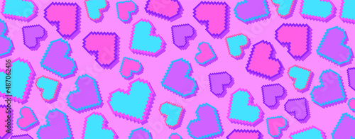 Happy Valentine s Day pixel art hearts horizontal banner. 8-bit hearts with stroke. Retro 8-bit video game. Design for greeting card  holiday background and banner. Vector illustration