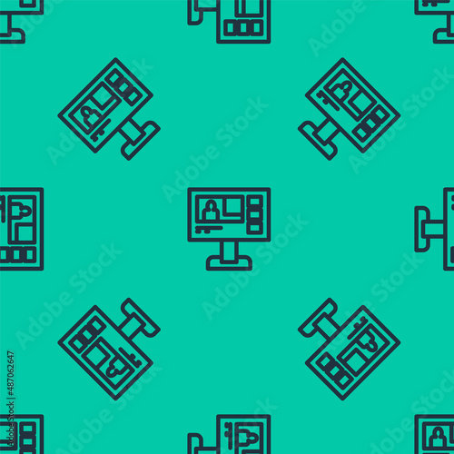 Blue line Television report icon isolated seamless pattern on green background. TV news. Vector