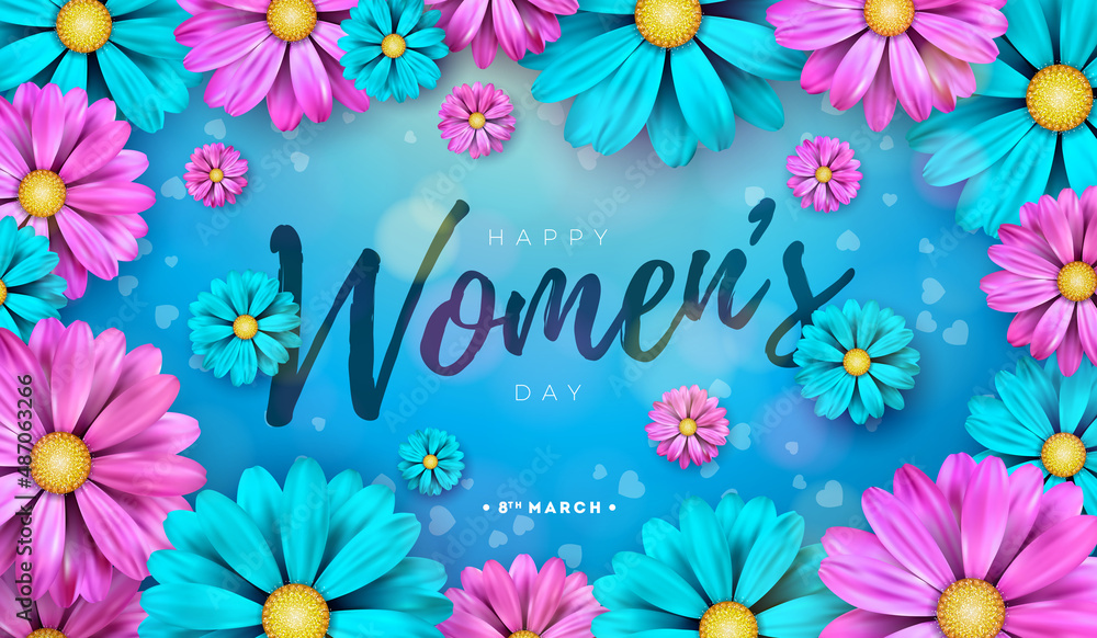 Happy Women's Day Floral Illustration. 8 March International Womens Day Vector Design with Colorful Spring Flower on Blue Background. Woman or Mother Day Theme Template for Flyer, Greeting Card, Web
