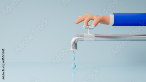 3d hand opens or closes a water tap, concept of eco and world water day, save water icon, care for saving resources, saving water and world environmental protection concept, ecology, 3d rendering