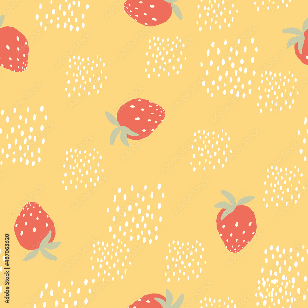 Hand drawn cute doodle strawberry yellow seamless  pattern. Red berry paper food textiles for kitchen, children. Minimalism paper scrapbook for kids.