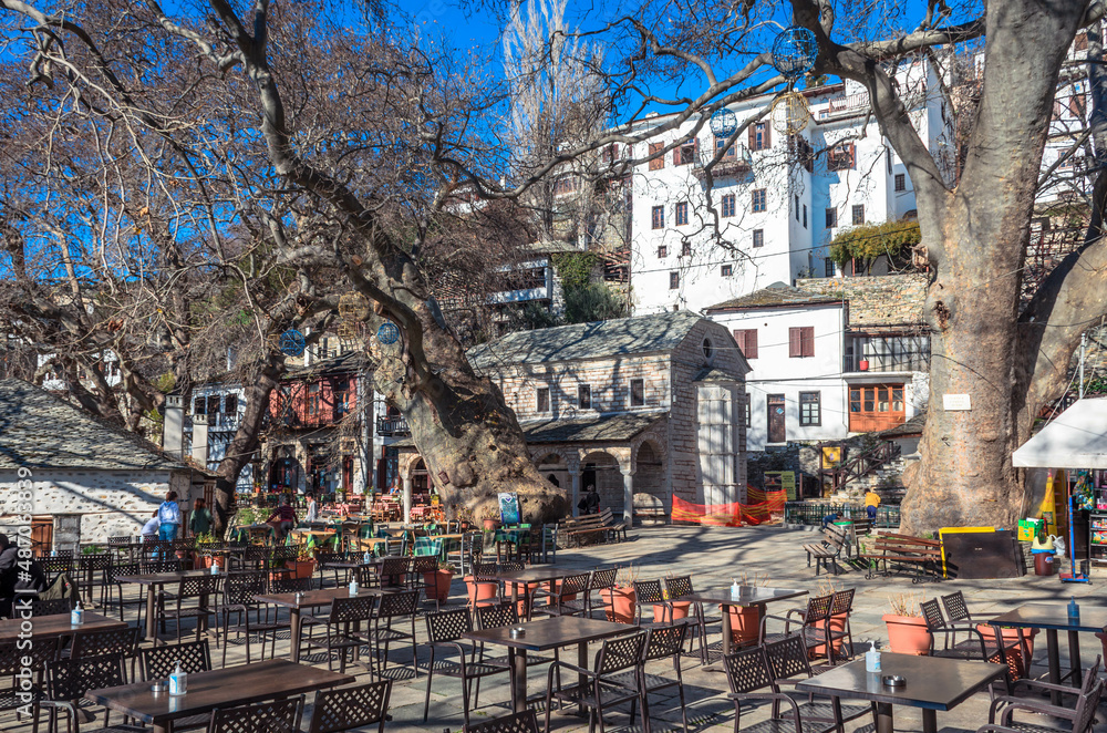 Makrinitsa Greece -Traditional village of Makrinitsa with the stone built houses and the picturesque square, lies on the slopes of Pelion.