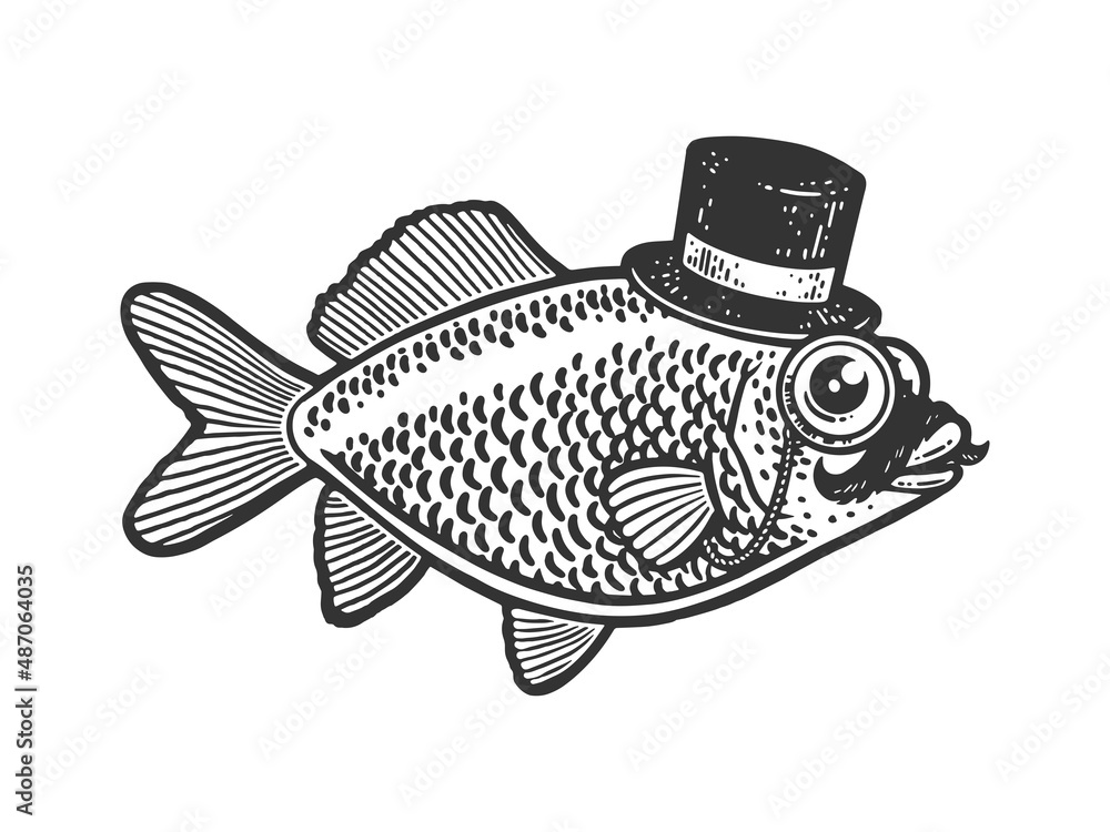 Gentleman fish with mustache top hat and glasses sketch engraving raster  illustration. T-shirt apparel print design. Scratch board imitation. Black  and white hand drawn image. Stock Illustration