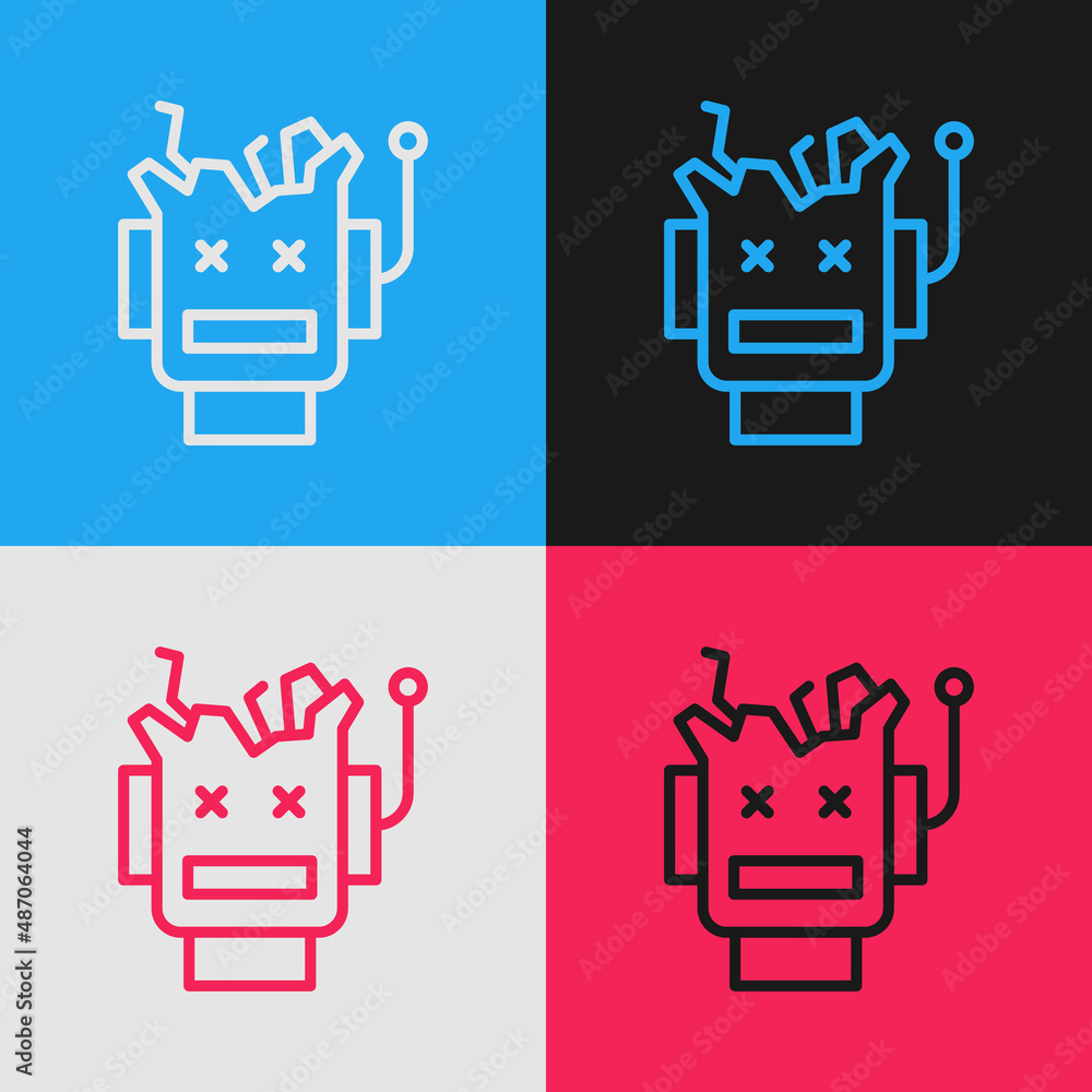 Fototapeta premium Pop art line Broken robot icon isolated on color background. Artificial intelligence, machine learning, cloud computing. Vector