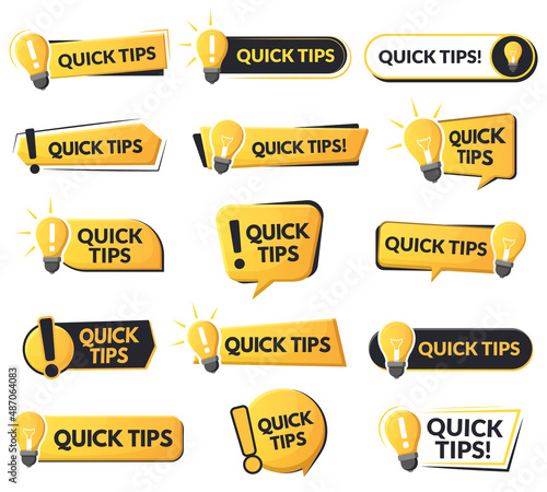 Quick tips helpful emblems, problem solution or advice speech bubbles. Tricks and helpful suggestions abstract vector symbols set. Quick tips trick logos