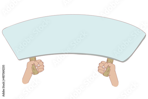 Hands holding placard with empty space for text man hand swinging board with handle vector illustration design