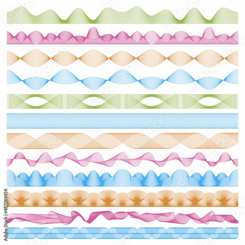 Guilloche money borders, security seamless watermarks. Geometric guillouche border frames vector illustration set. Abstract watermark elements