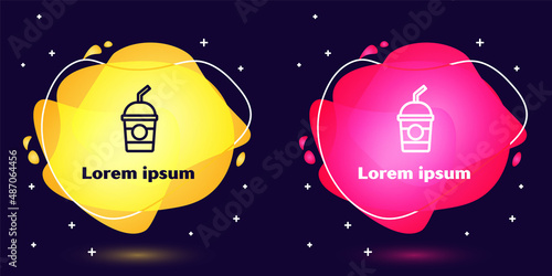 Set line Milkshake icon isolated on blue background. Plastic cup with lid and straw. Abstract banner with liquid shapes. Vector