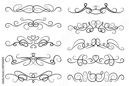 Vector text dividers. Collection of paragraph separating designs. Black ornate swirly borders, curvy lines, elegant text dividers set