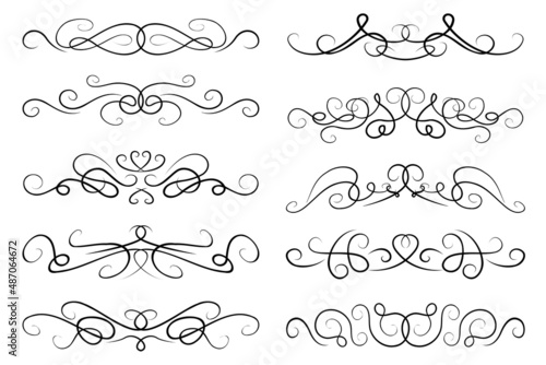 abstract text dividers. Collection of paragraph separating designs. Black ornate swirly borders, curvy lines, elegant text dividers set