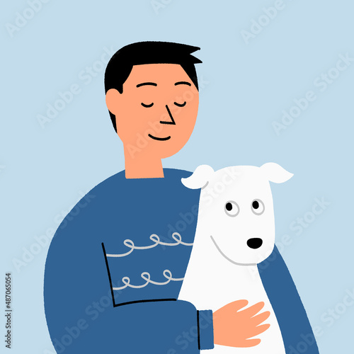 The man hugs and cuddles with the dog happily. Cute cartoon vector illustration.