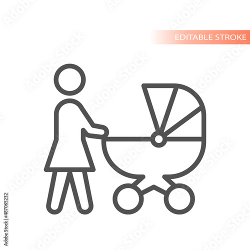 Mother pushing baby stroller or pram. Outlined vector icon, editable stroke.