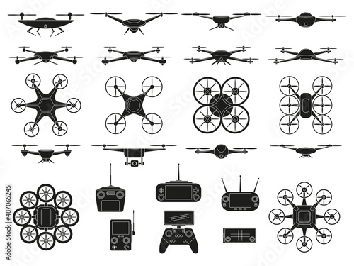 Drone icons, aerial quadcopters vehicles silhouette symbols. Modern unmanned flying drones vector illustration set. Aerial quadcopters technology