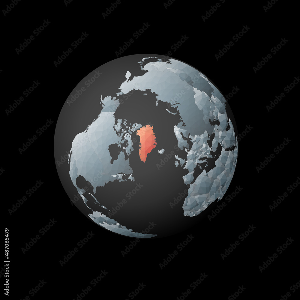 Fototapeta premium Low poly globe centered on Greenland. Red polygonal country highlighted on the globe. Satellite view of Greenland. Trendy vector illustration.