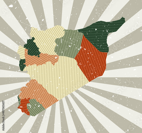 Syria vintage map. Grunge poster with map of the country in retro color palette. Shape of Syria with sunburst rays background. Vector illustration.
